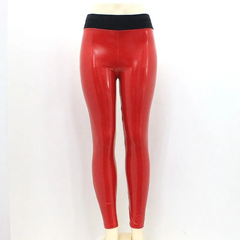 Women's Synthetic Leather Slim High Waist Skinny Leggings with Wet Look