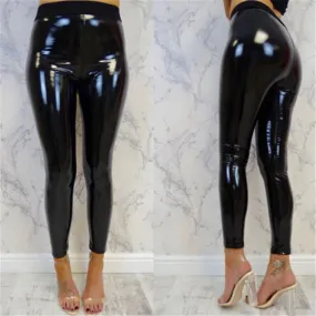 Women's Synthetic Leather Slim High Waist Skinny Leggings with Wet Look