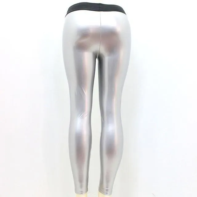 Women's Synthetic Leather Slim High Waist Skinny Leggings with Wet Look