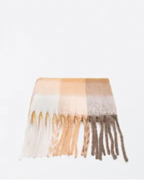 YICU731- Check Print Scarves with Fringes- Beige- Surkana